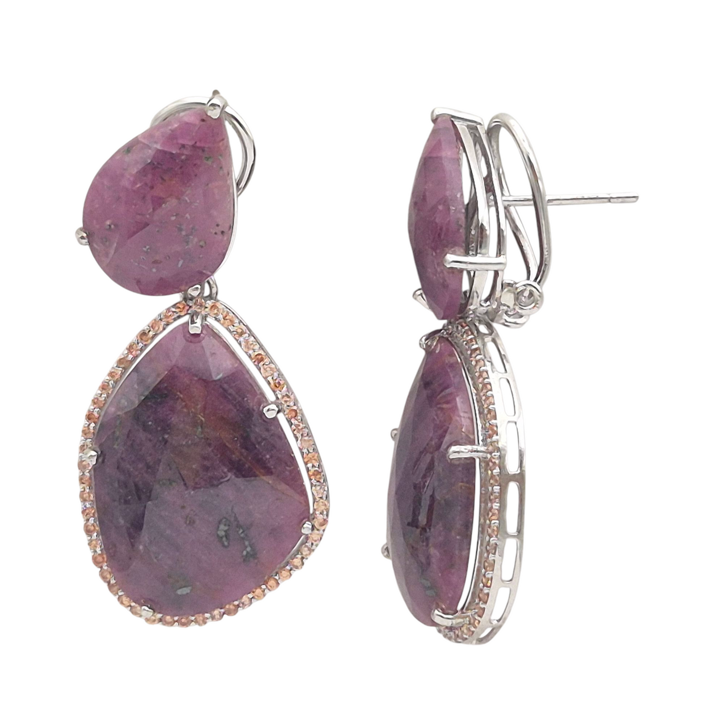 Natural Red Sapphire and Champagne coloured Cubic Zirconia make this earring with a twist, set in 925 Silver