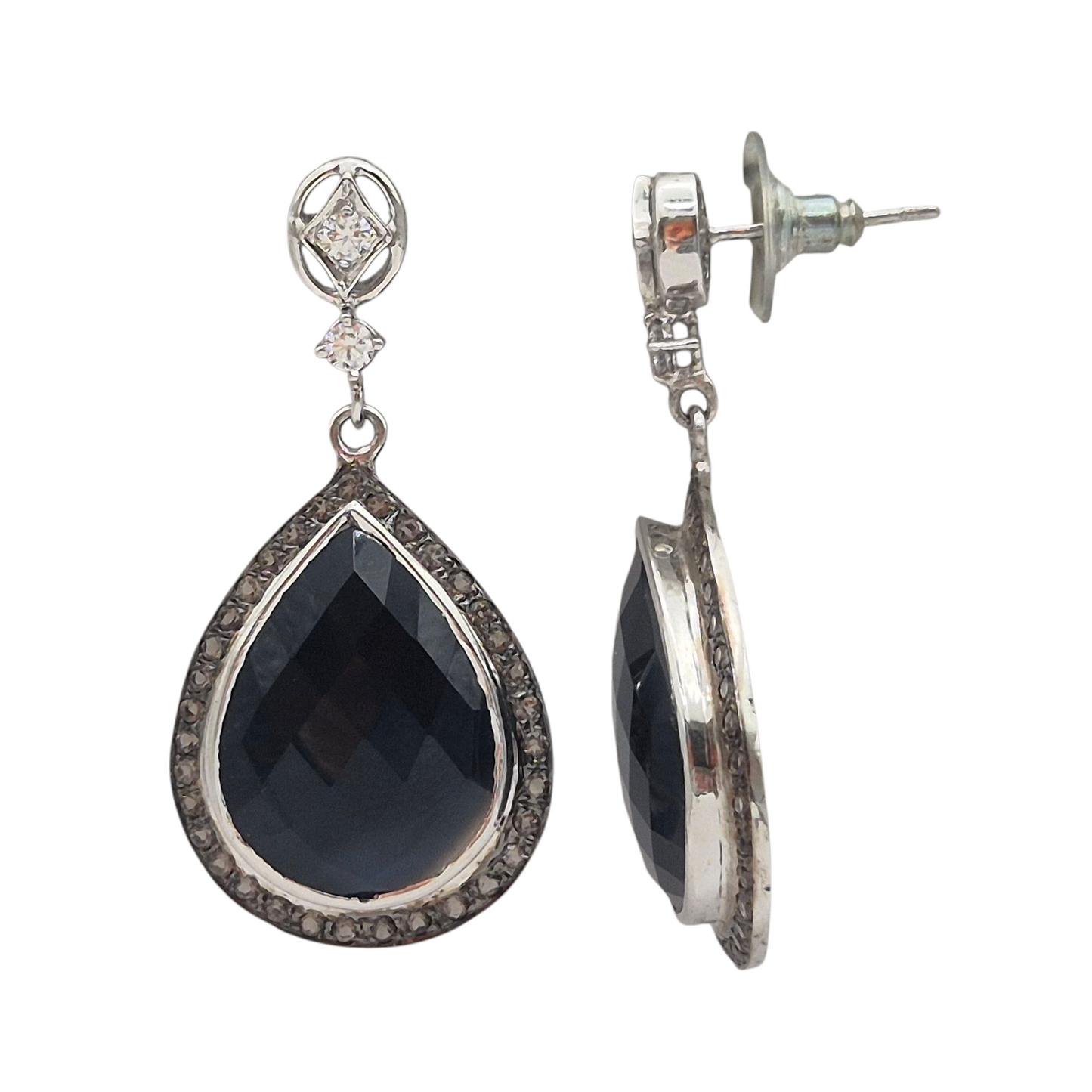 Natural Black Onyx and Smoky Topaz Gemstones, in a dangling style, set in 925 Silver
