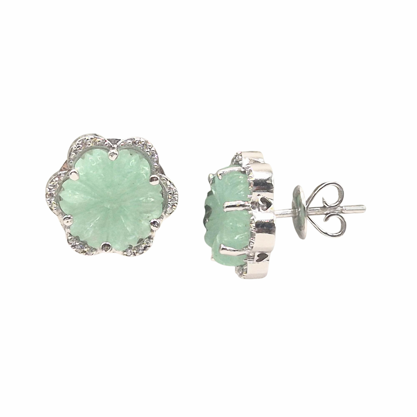 Pastel green naturally carved Chalcedony with Cubic Zirconia in 925 Silver, elite eartops