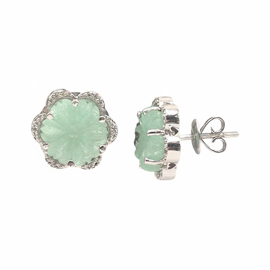 Pastel Green naturally carved Chalcedony with Cubic Zirconia in 925 Silver, elite eartops