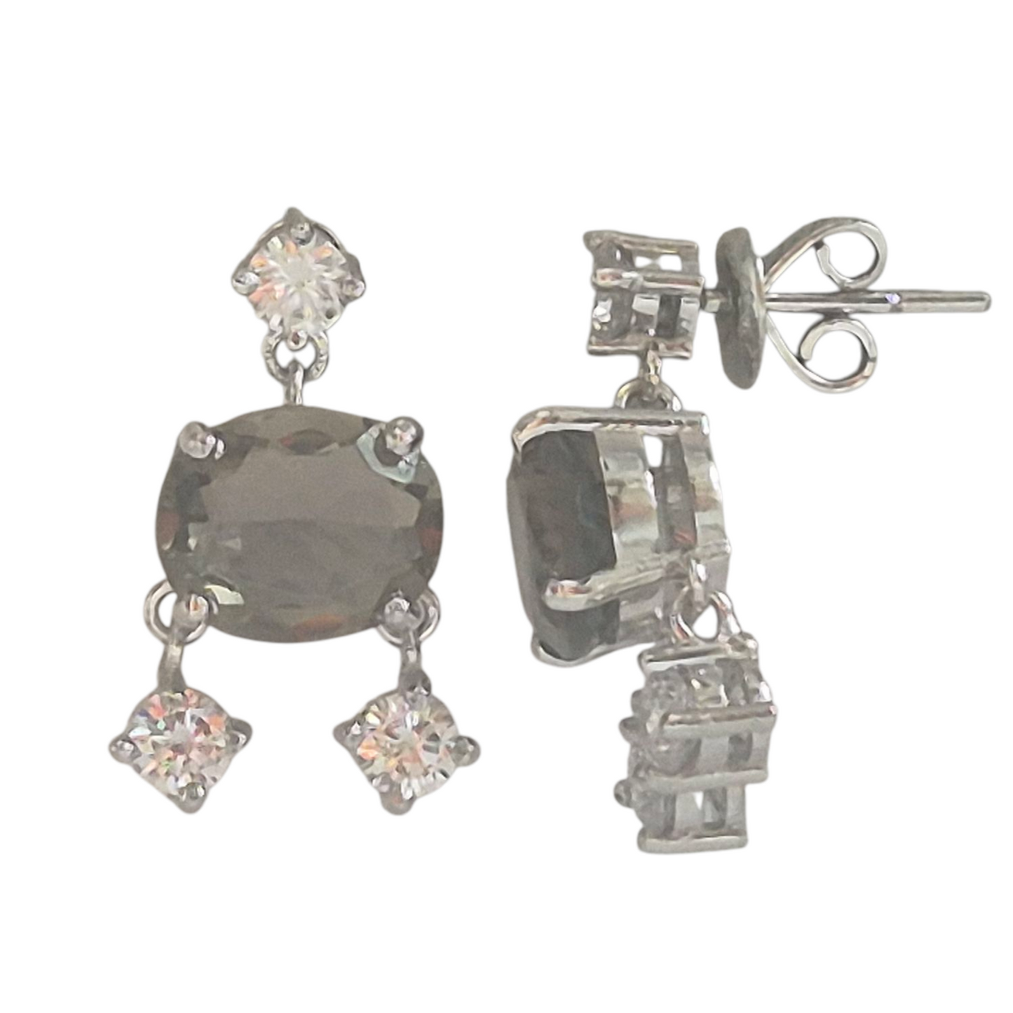 Brown Oval Hydro Quartz with Cubic Zirconia in a double drop style in 925 Silver