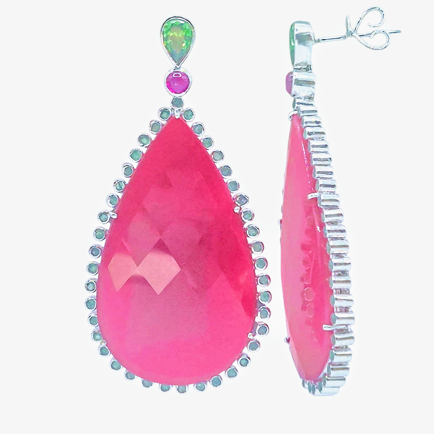 Natural Pink Chalcedony gemstone with Green and Pink Zirconia, make these fascinating and eye pleasing earrings in 925 Silver