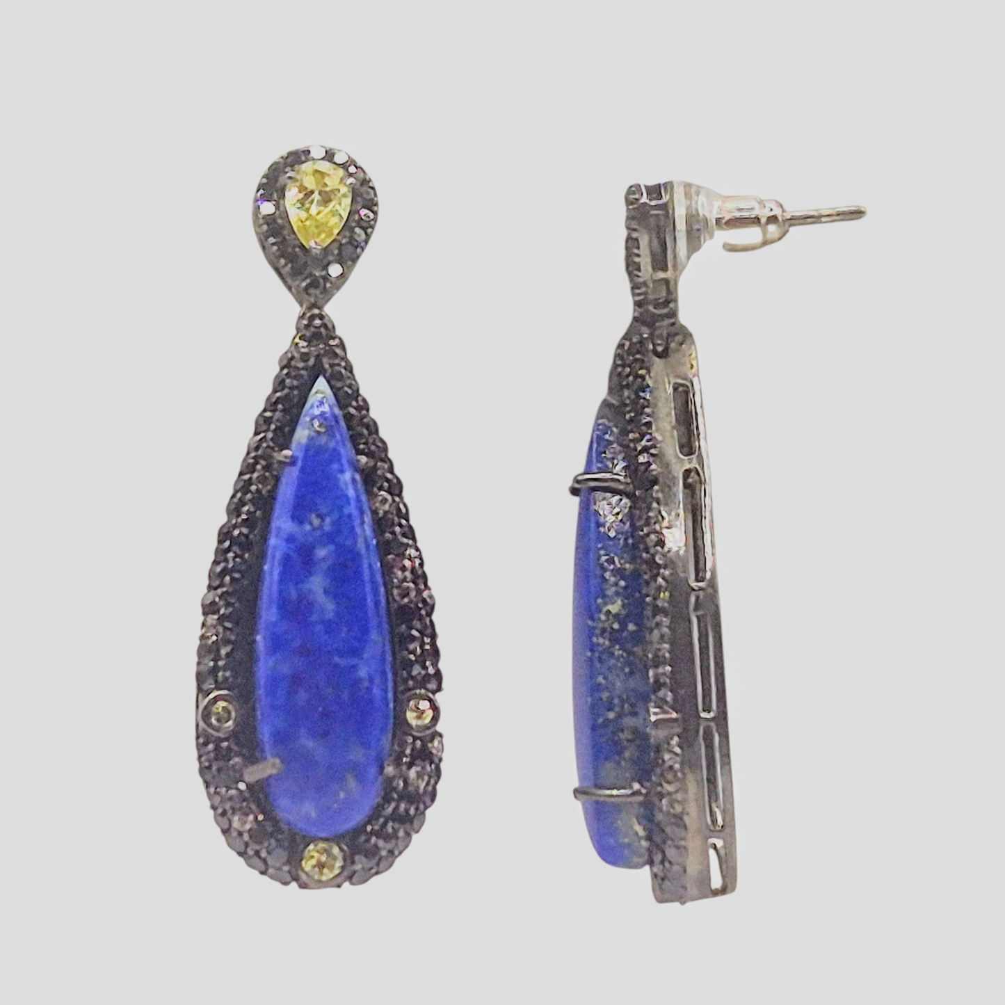 Natural Lapiz gemstone in a tear drop shape with marcasites and Zircons, set in 925 Silver