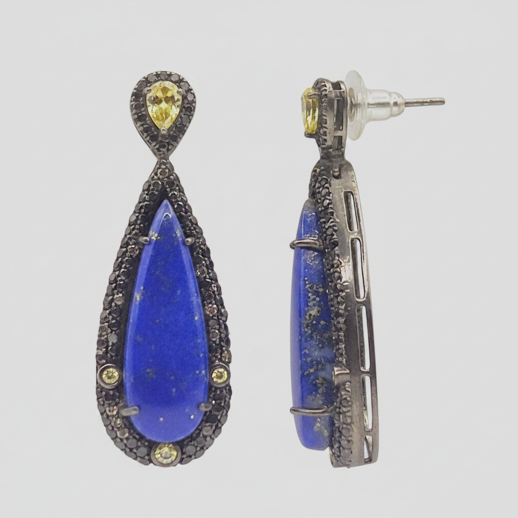 Natural Lapiz Lazuli gemstone in a tear drop shape with Marcasites and Zircons, set in 925 Silver