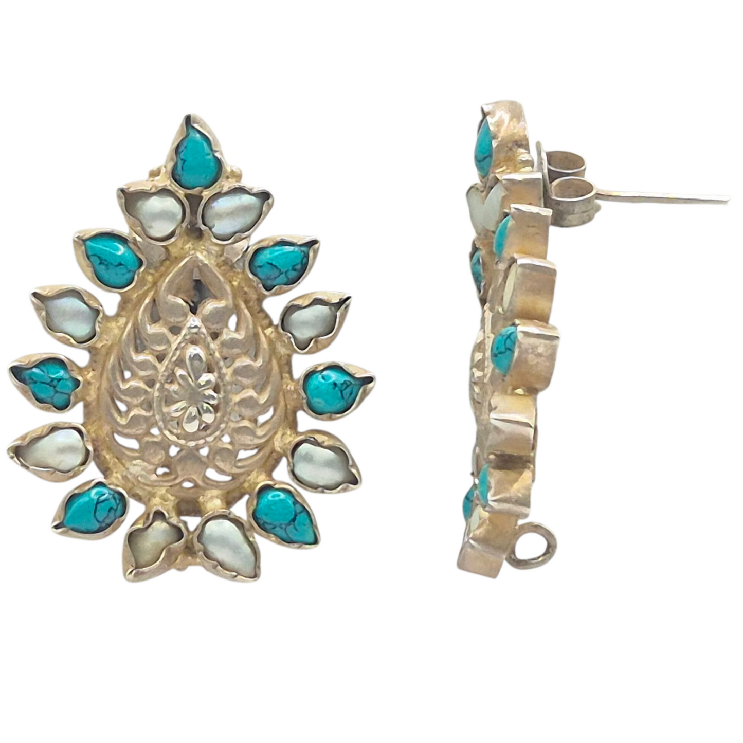 Natural Turquoise in matrix and Pearl set in a floral form in 925 Silver