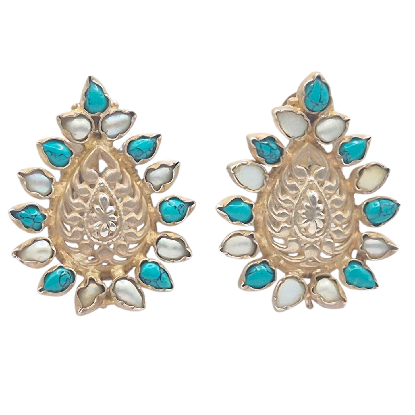 Natural Turquoise in matrix and Pearl set in a floral form in 925 Silver