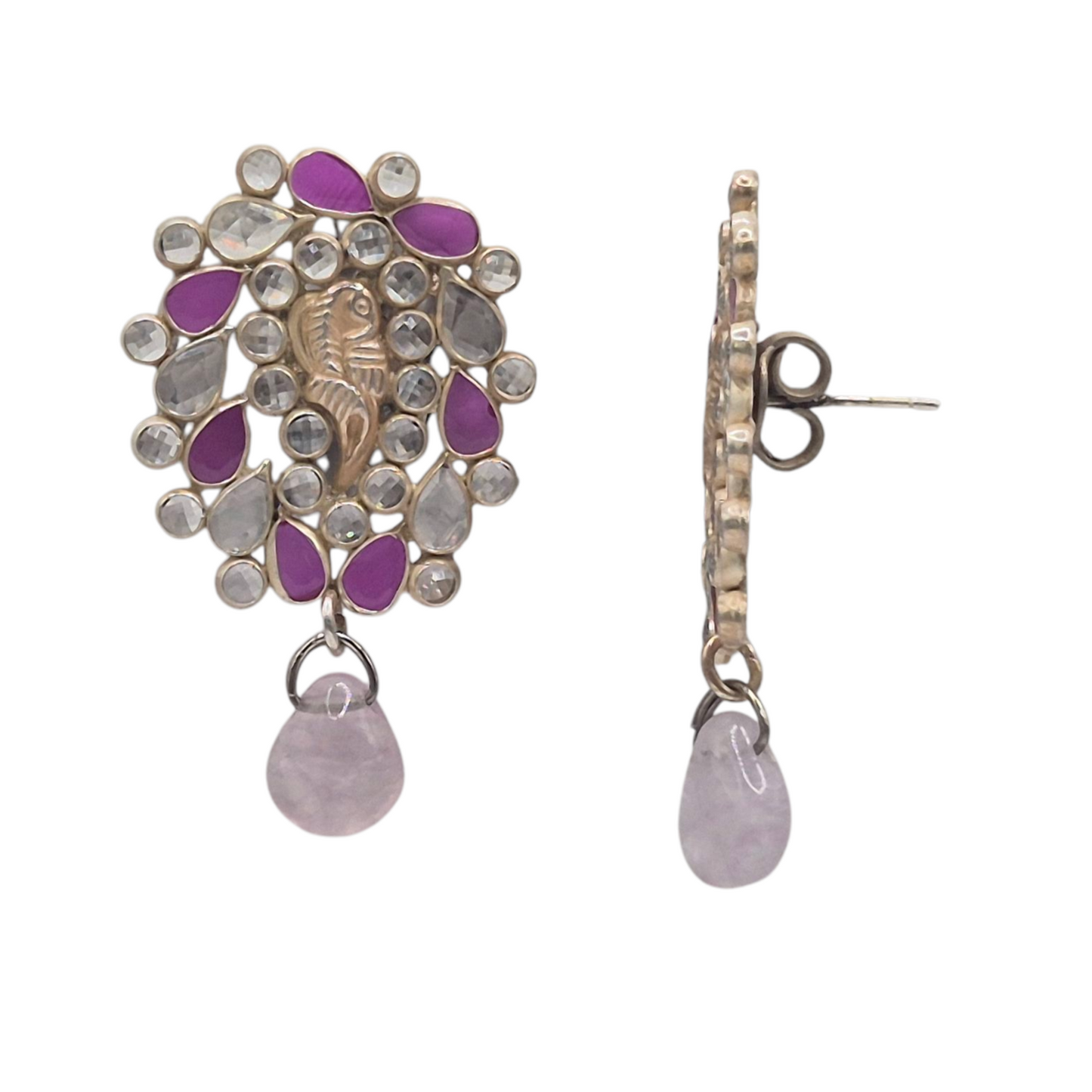 Natural Rubies and White Topaz gemstones, with a peacock motif in 925 Silver