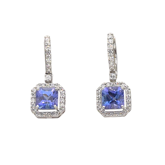 Princess cut Natural Tanzanite gemstones set with natural diamonds in 9kt white gold