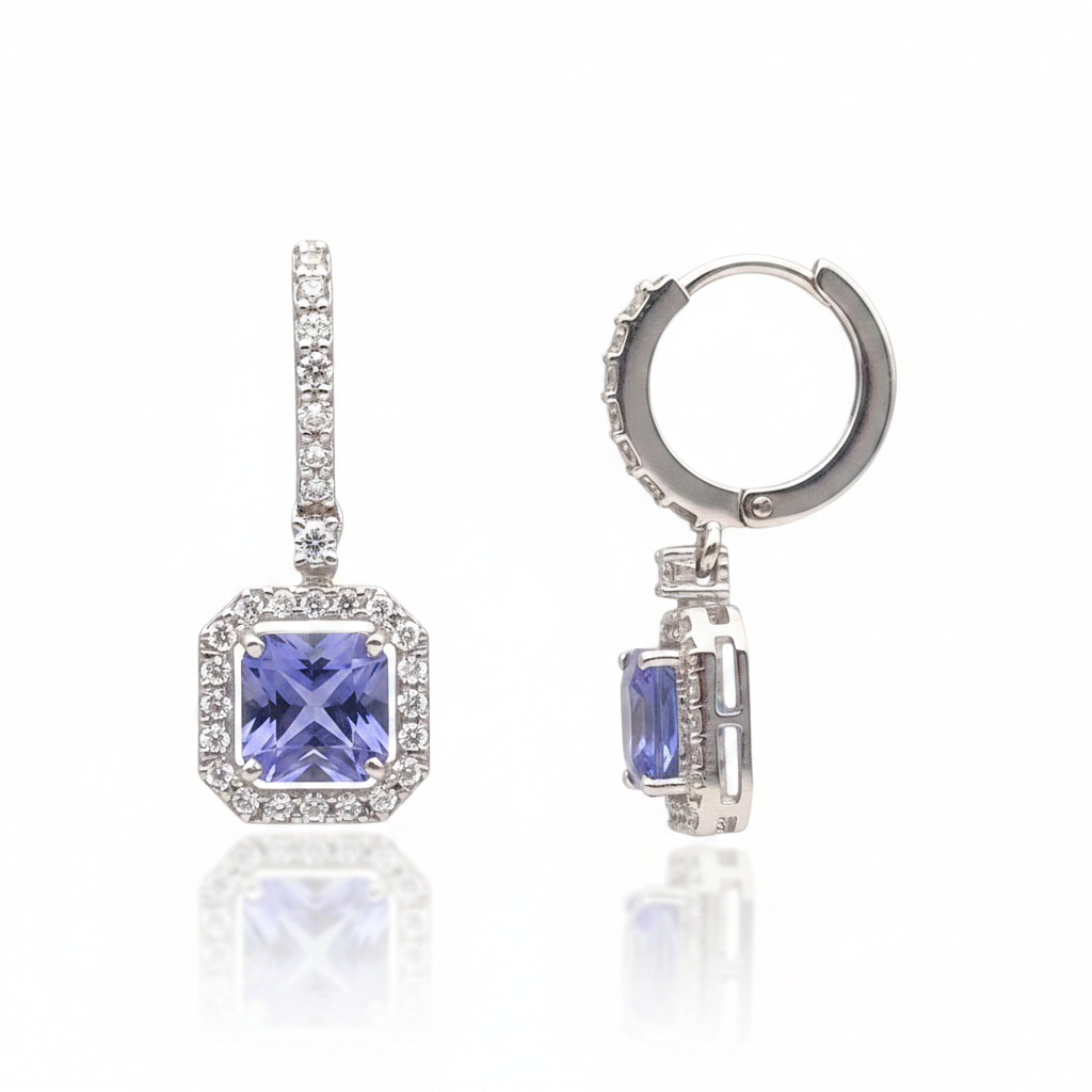 Princess cut Natural Tanzanite gemstones set with natural diamonds in 9kt white gold