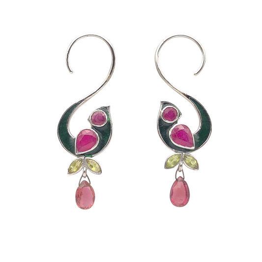 Natural Peridots, Tourmalines and Rubies Gemstones set to make an elegant design shaping up a parrot setting 925 Silver