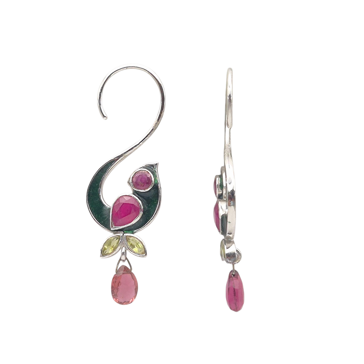 Natural Peridots, Tourmalines and Rubies Gemstones set to make an elegant design shaping up a parrot setting 925 Silver