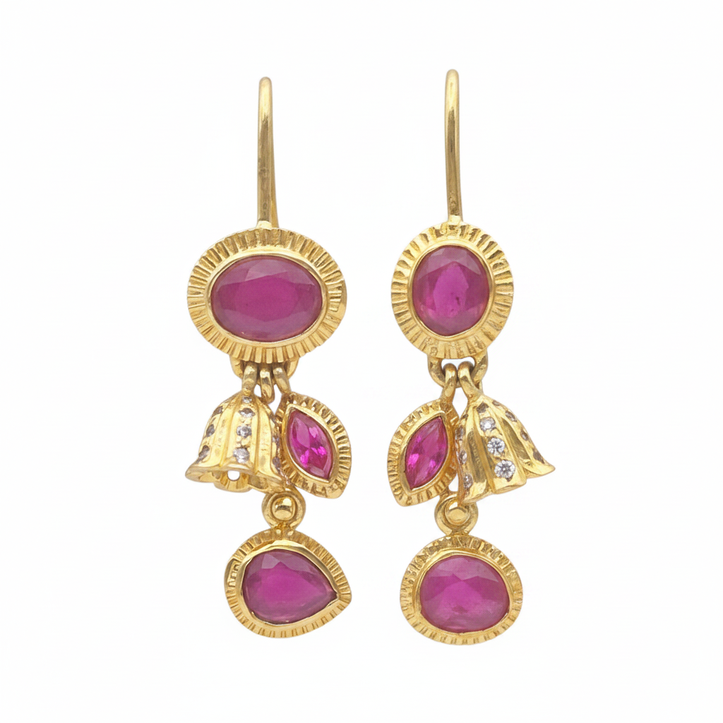 Natural gorgeous Red Rubies set in an art deco design in 925 Silver, with gold plating