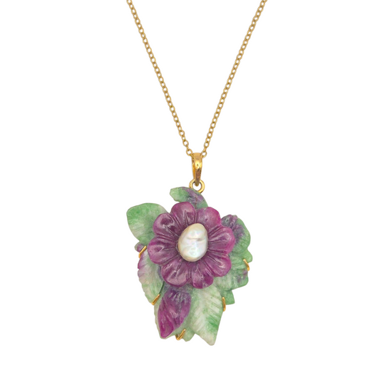 Ruby with Emerald and Japanese Keshi Pearl in 18kt Yellow Gold