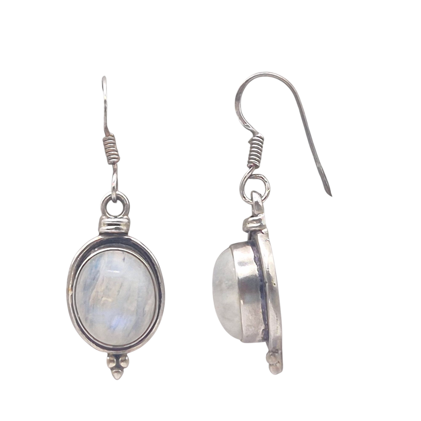 Natural Moonstone gem danglers with a mesmerizing play of colour set in 925 Silver