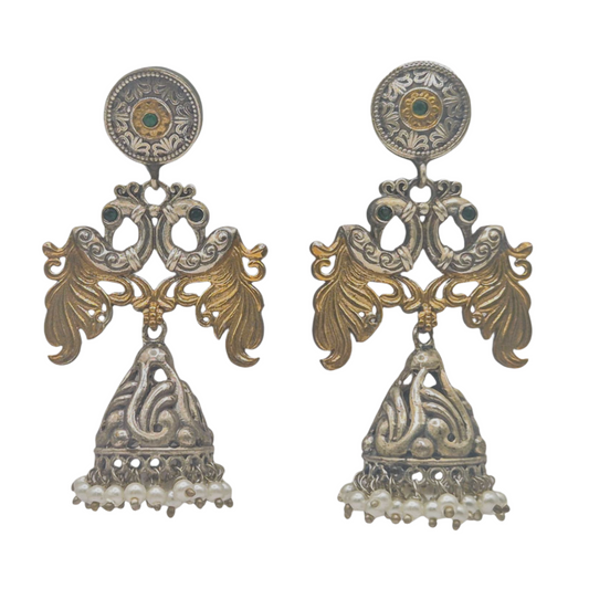 Dual tone ethnic german silver earrings with green quartz