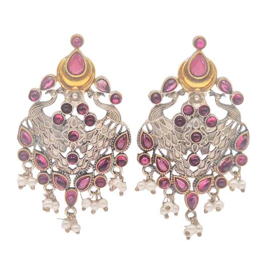 German silver antique dual tone earrings with red quartz