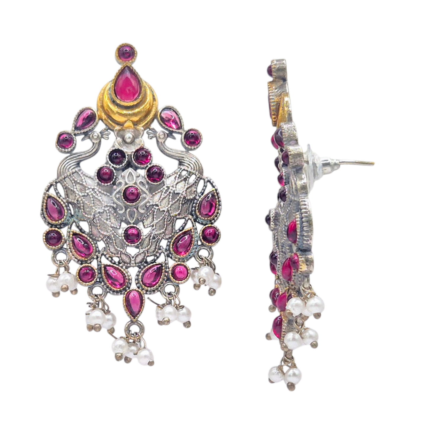 German silver antique dual tone earrings with red quartz