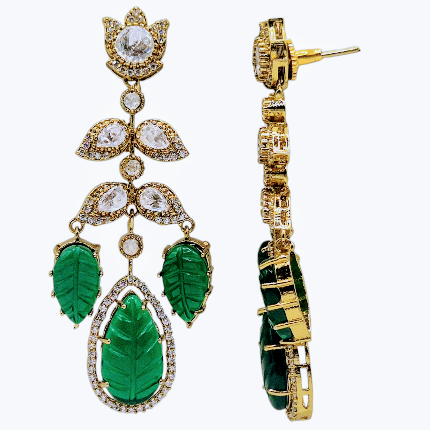 Green Victorian Leaf earrings in brass
