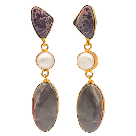Brown jasper with Pearl and Imperial Flower Jasper danglers, in brass