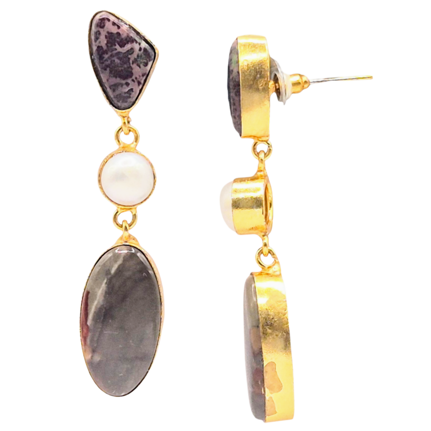 Brown jasper with Pearl and Imperial Flower Jasper danglers, in brass