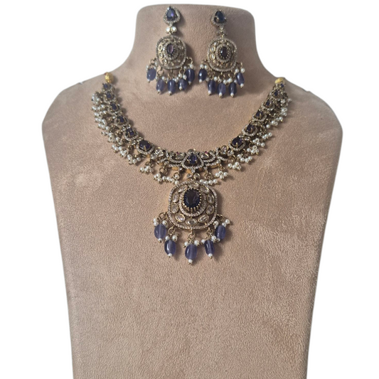 Vintage purple quartz with moissanite necklace, with seed pearls