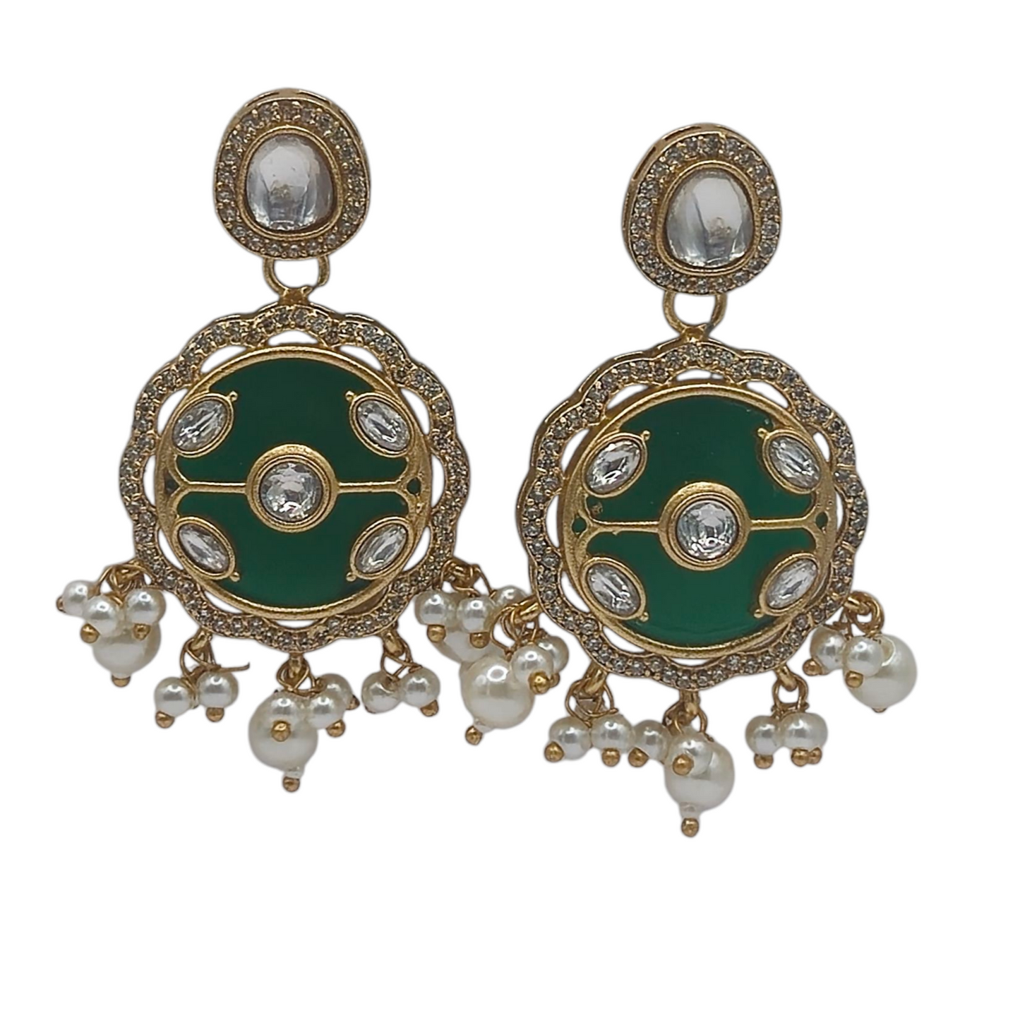 Green quartz embedded with kundan, zircons and seed pearls