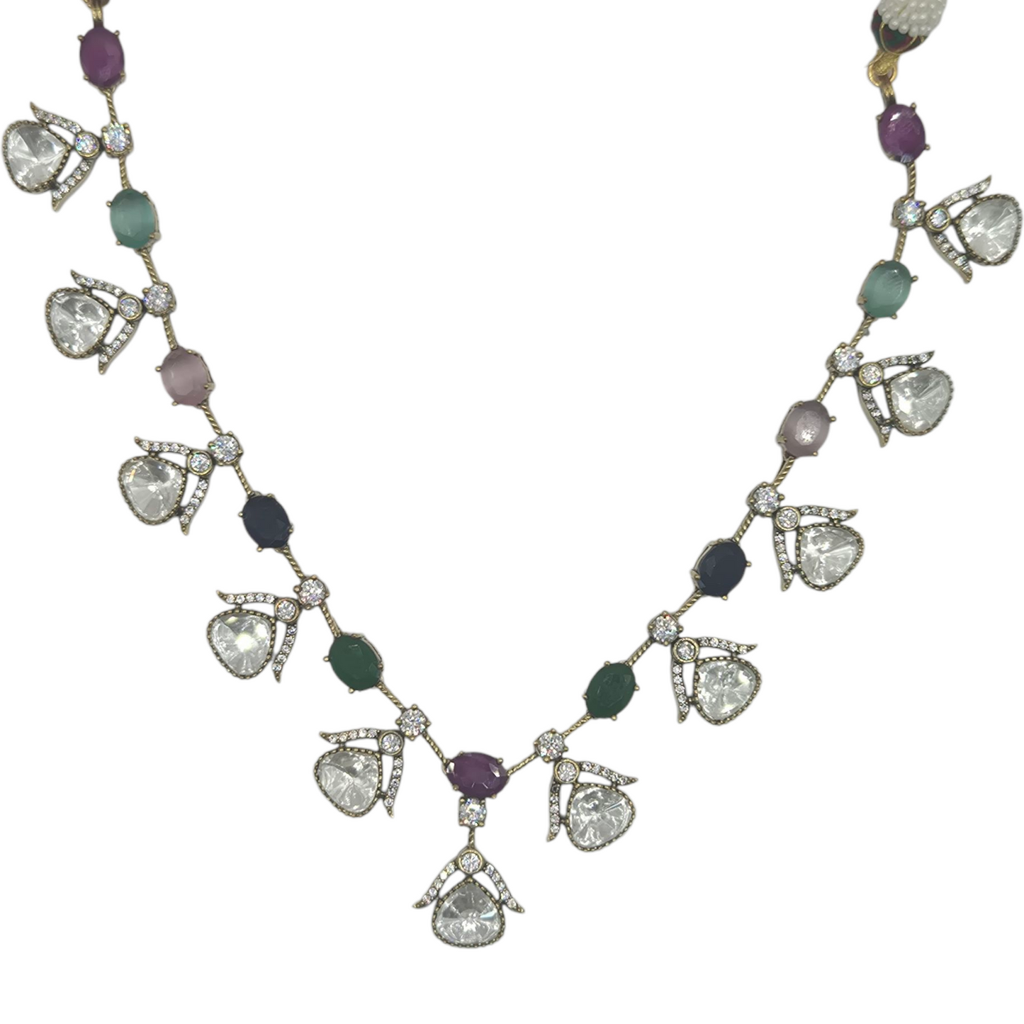 Vintage necklace set made with multi-coloured quartz and lustrous moissanites