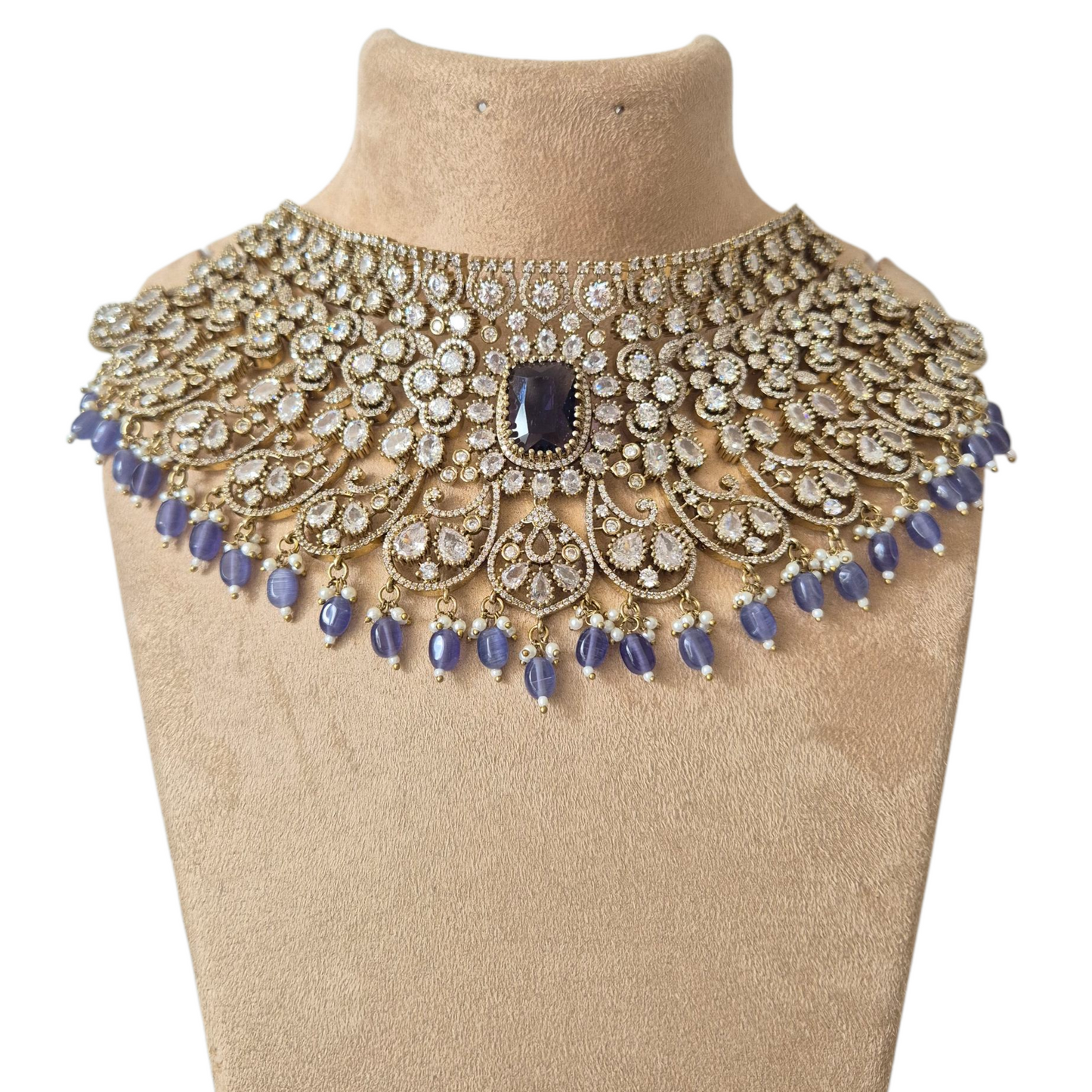 Purple Hydro stones with lustrous Moissanites and seed pearls, makes this antique chokur