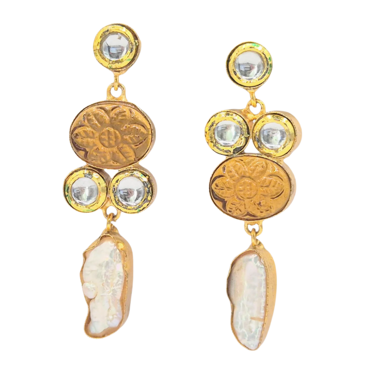 Carved Hydro Quartz and Baroque Pearls paired with Kundan make these danglers in brass, with plating