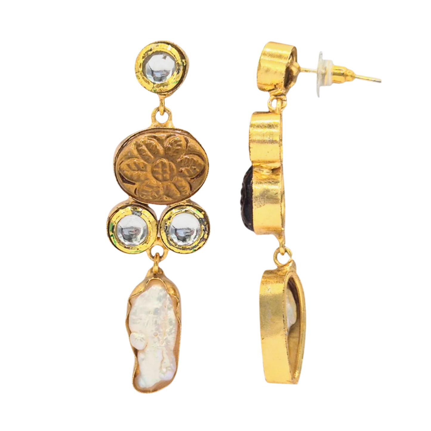 Carved Hydro Quartz and Baroque Pearls paired with Kundan make these danglers in brass, with plating