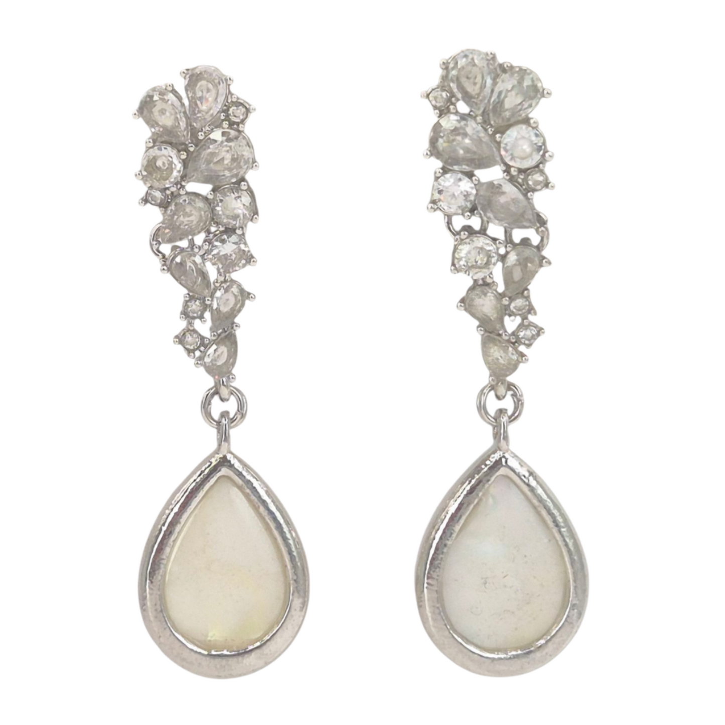 Cubic Zirconias and White Quartz set in Brass with a dangling Mother of Pearl drop set in Brass