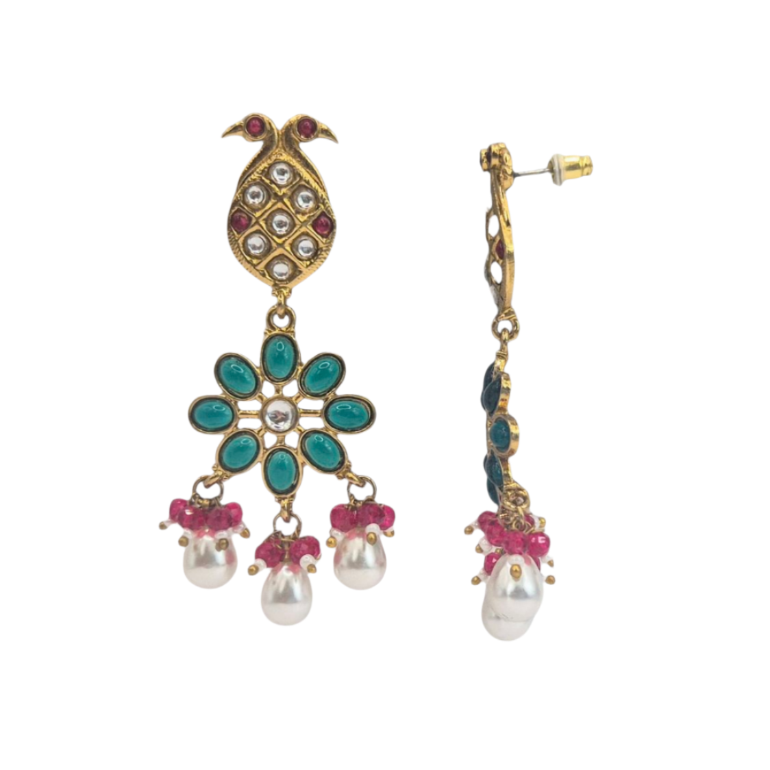 Kundan and green quartz earrings set in brass