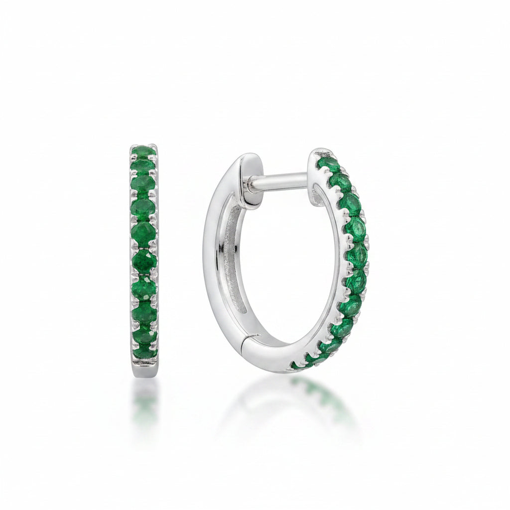 Huggies styled earrings/bali with vibrant green Cubic Zirconia in 925 Silver