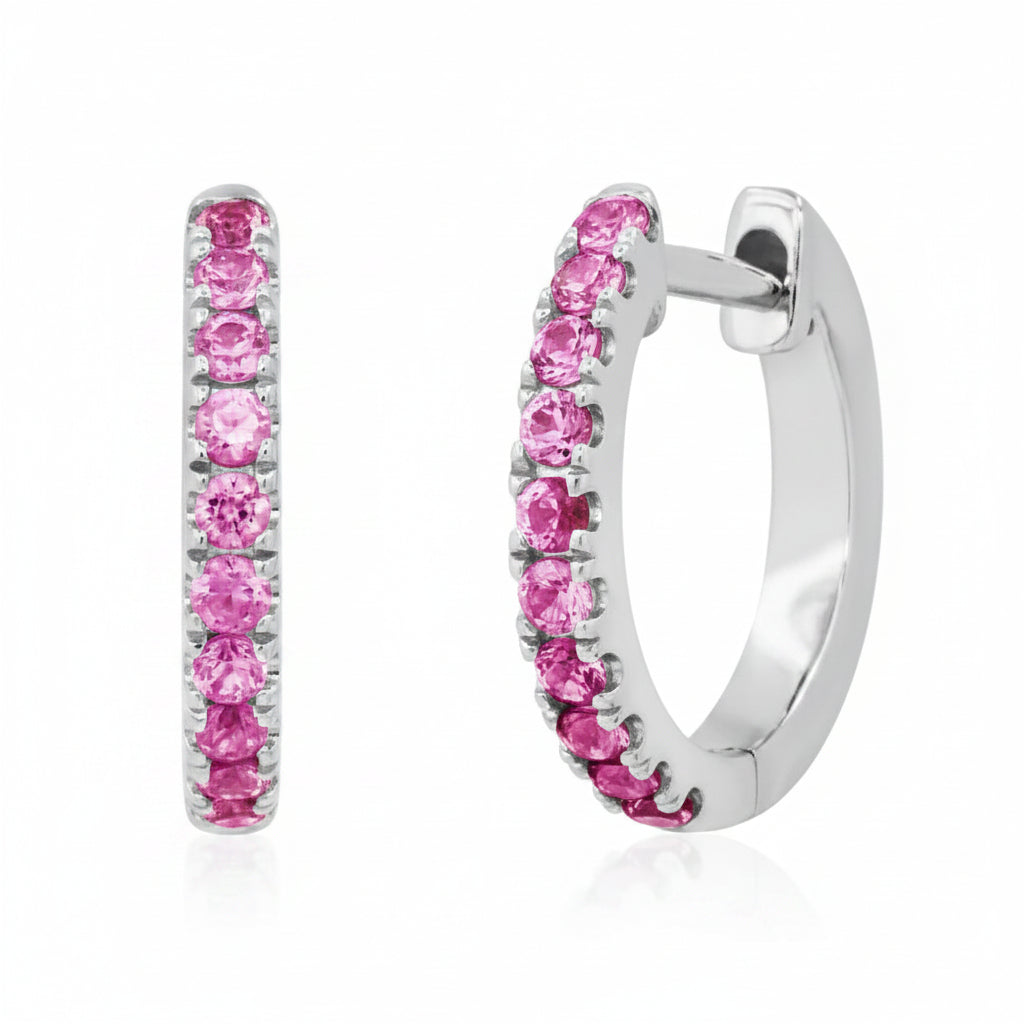 Huggies styled earrings/bali with Fuschia pink Cubic Zirconia in 925 Silver
