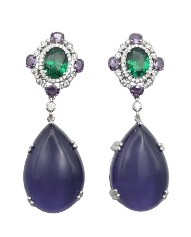 Emerald green ovals with purple cabochon drops in a vintage design in silver