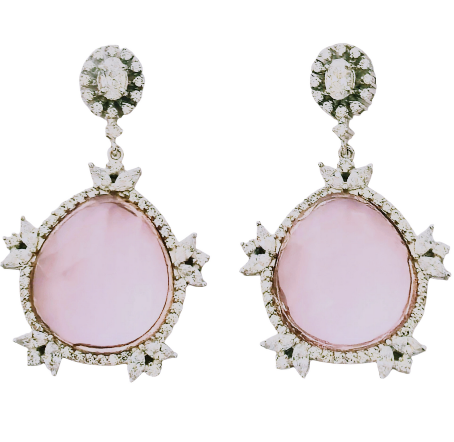 Pastel Pink Hydro quartz with Cubic Zirconia in 925 Silver, in a unique designer floral earring