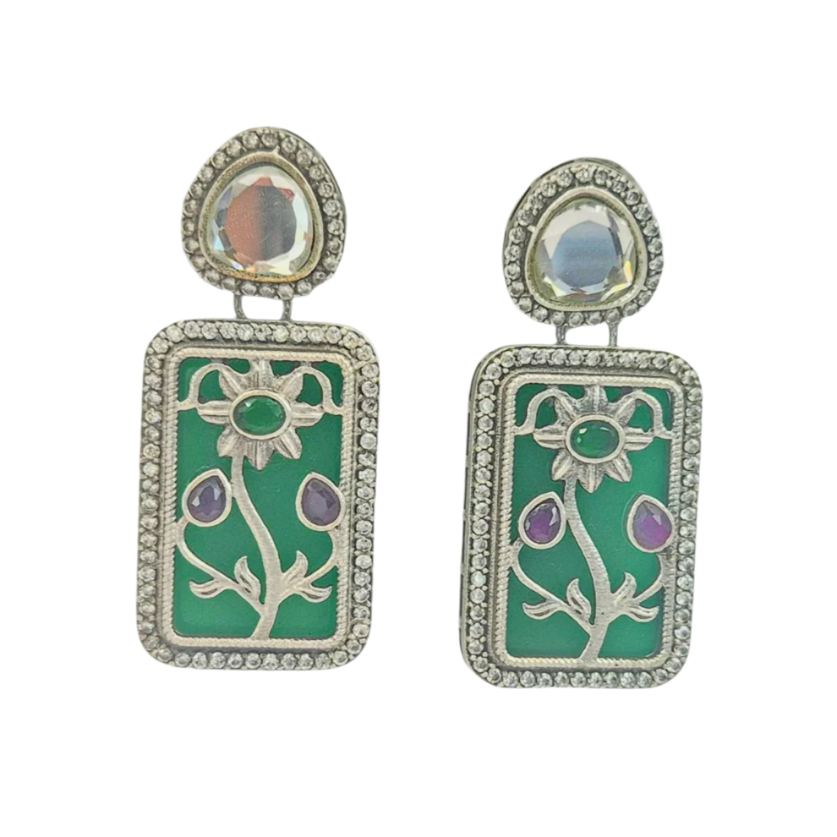 Green and pink quartz with diamantes in german silver