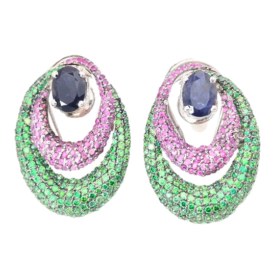 Natural Tsavorite with Rubies and Iolite gemstones make this fantabulous clip on earring in 925 Silver