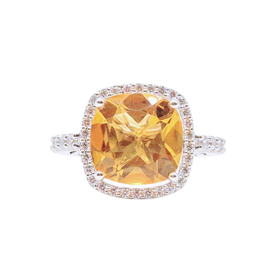 Citrine Cushion with Cubic Zirconias in 925 Silver