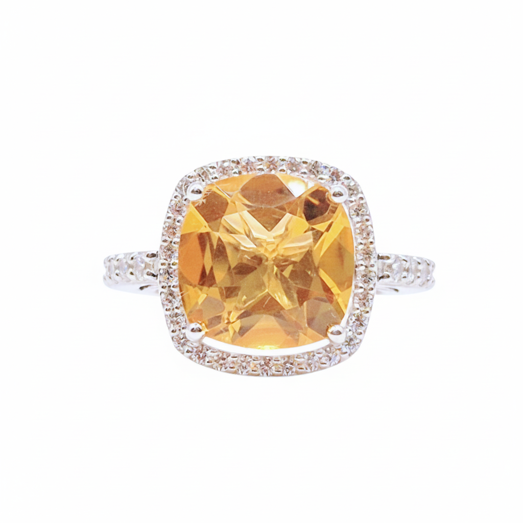 Citrine Cushion with Cubic Zirconias in 925 Silver