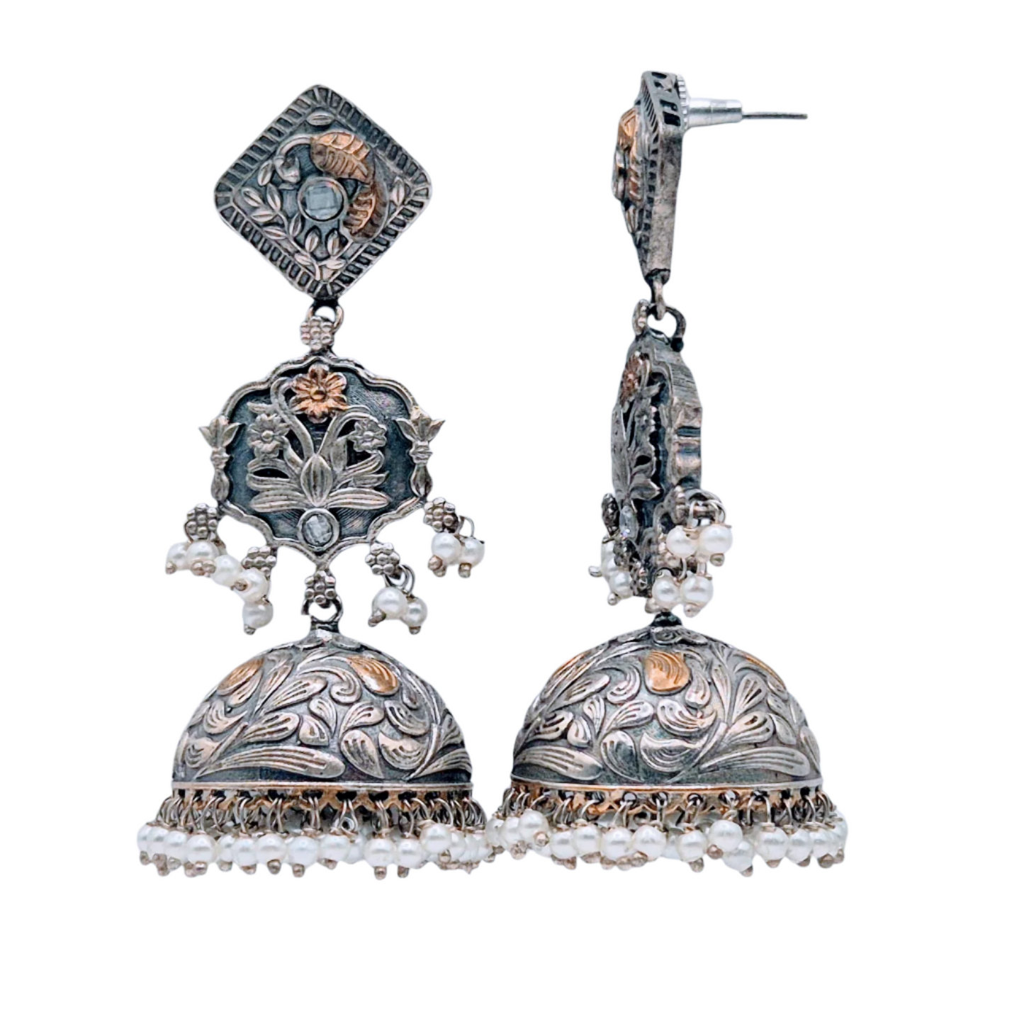 Dual tone ethnic german silver earrings with white quartz