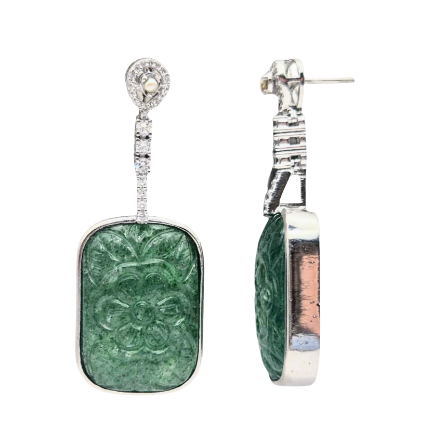 Hand carved Royal Green Hydro quartz with Cubic Zirconia in 925 Silver