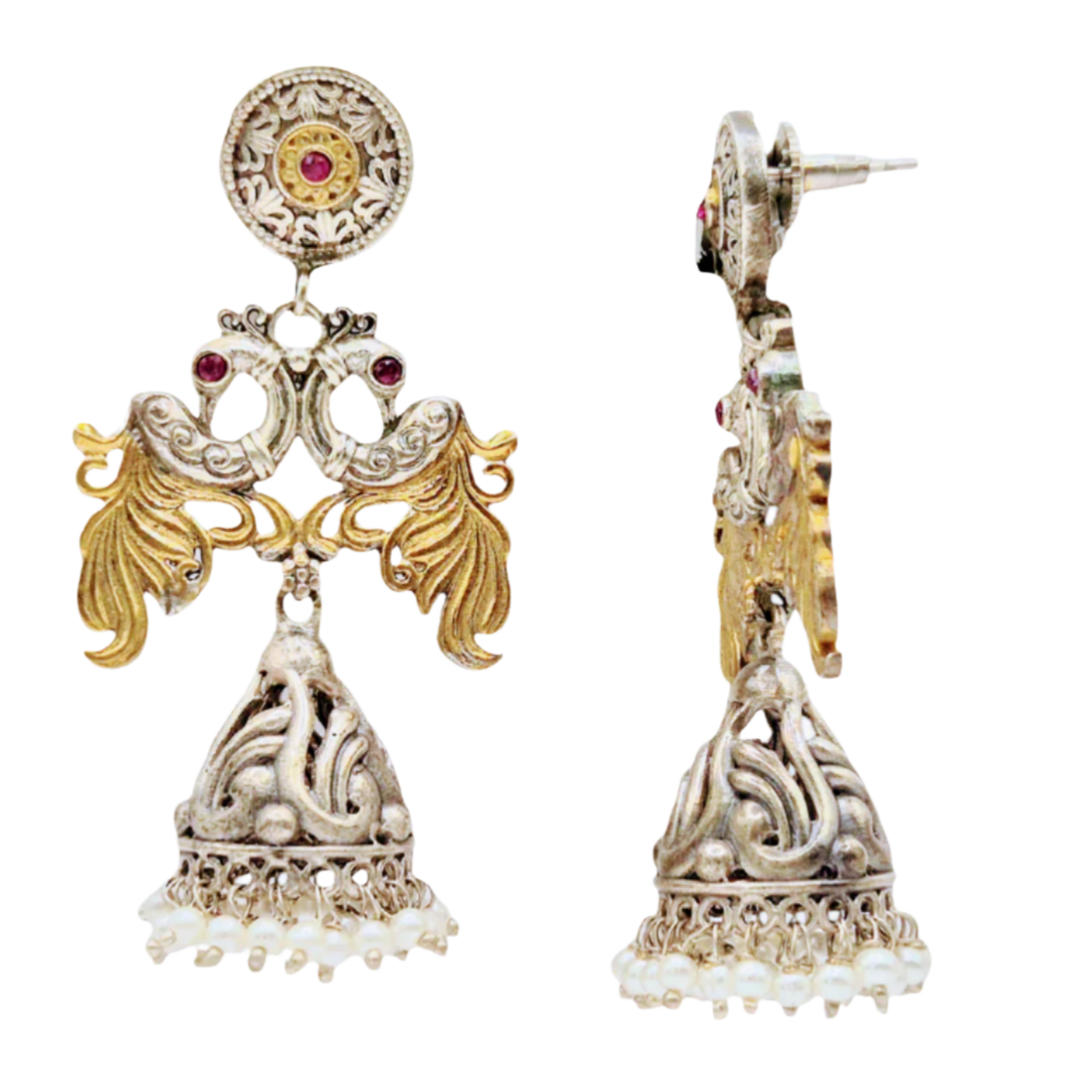 Dual tone ethnic german silver earrings with red quartz
