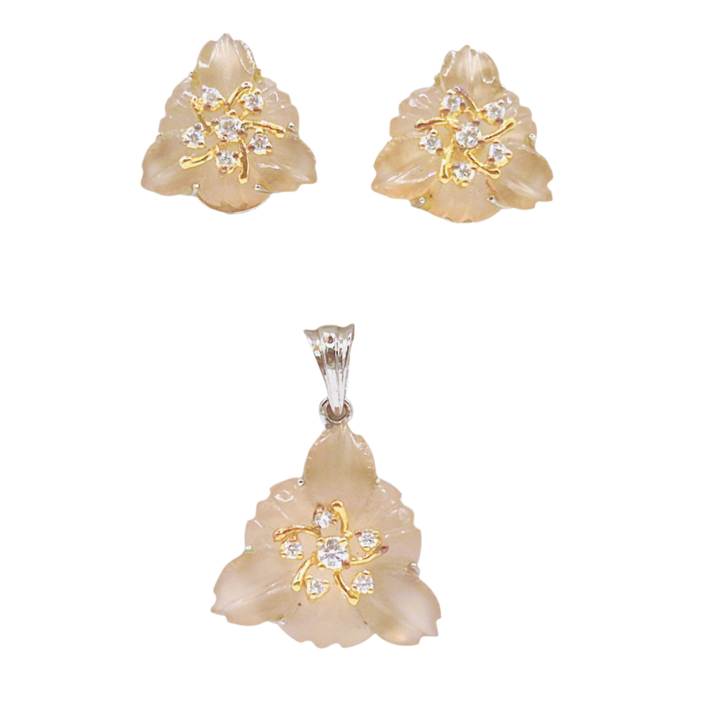 Naturally carved Chalcedony made in a designer floral pattern with cubic zirconia in 925 silver