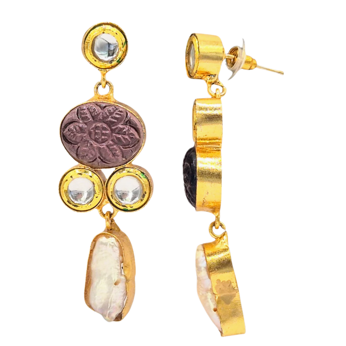 Carved Hydro Quartz and Baroque Pearls paired with Kundan make these danglers in brass, with plating
