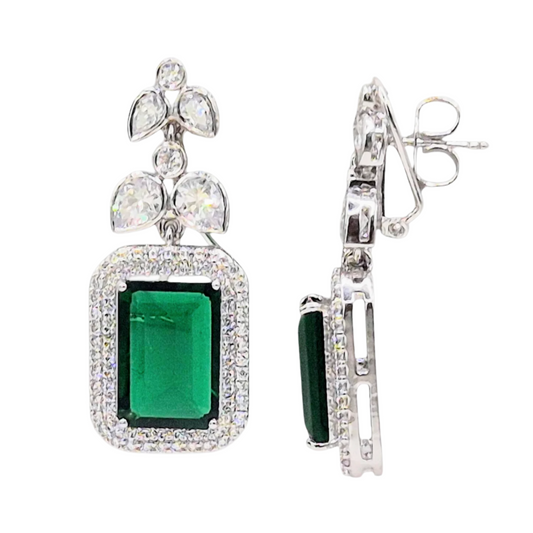 Green Emerald cut Hydro quartz with Cubic Zirconia in 925 Silver, in a vintage design
