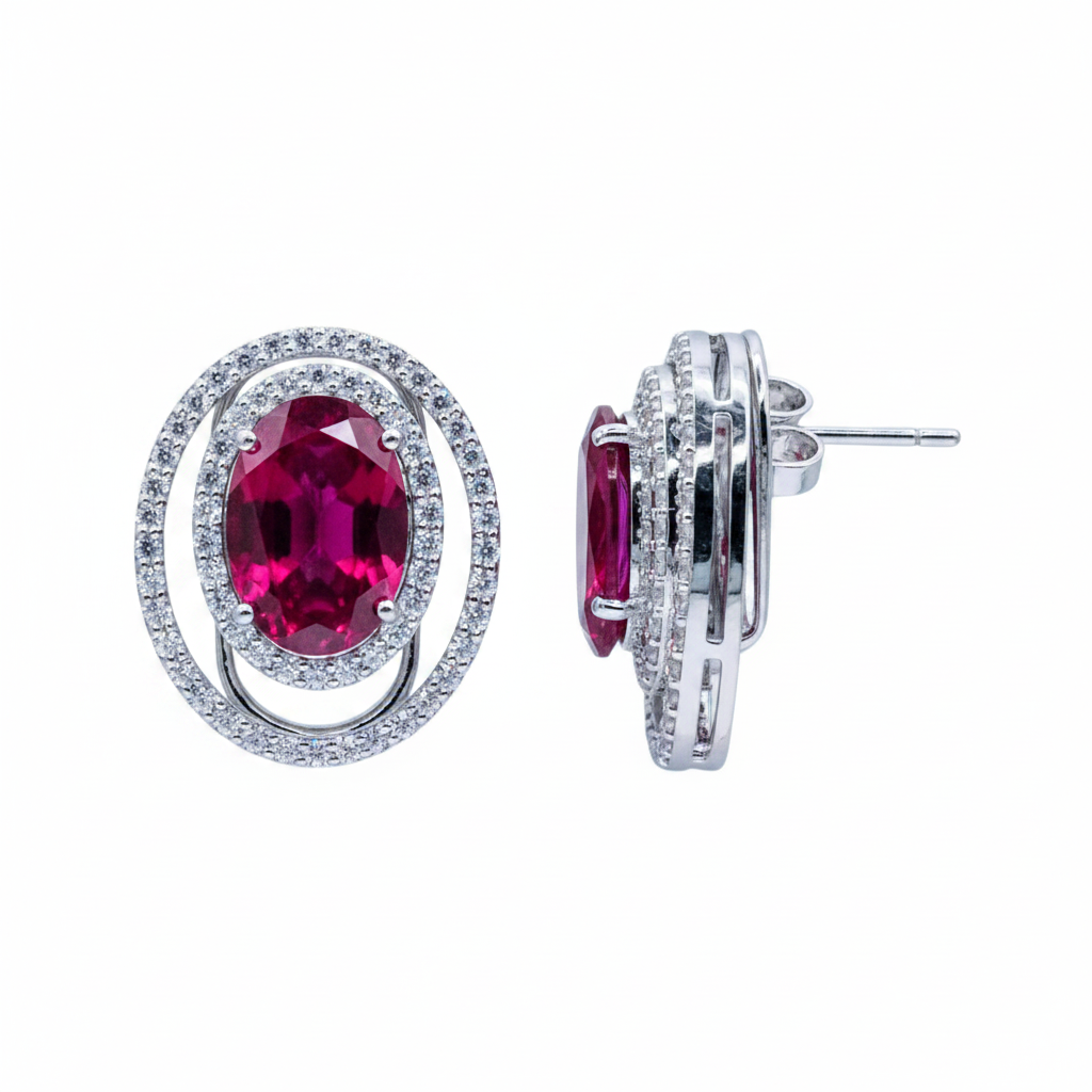 Pomegranate Red Hydro Quartz, in oval shape with Cubic Zirconia in 925 Silver