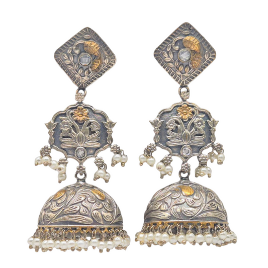 Dual tone ethnic german silver earrings with white quartz