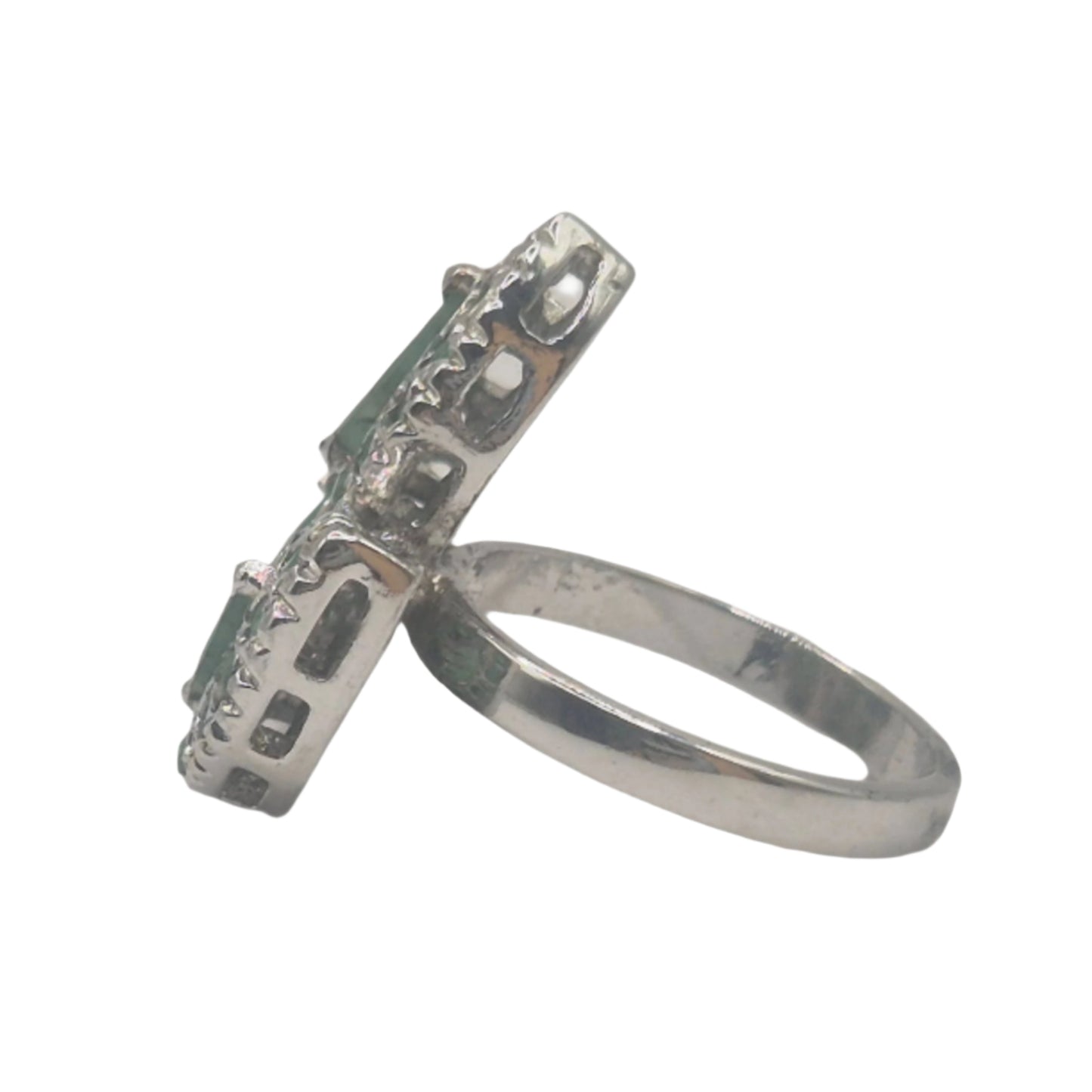 Pastel green emeralds in German Silver make this leafy designer ring