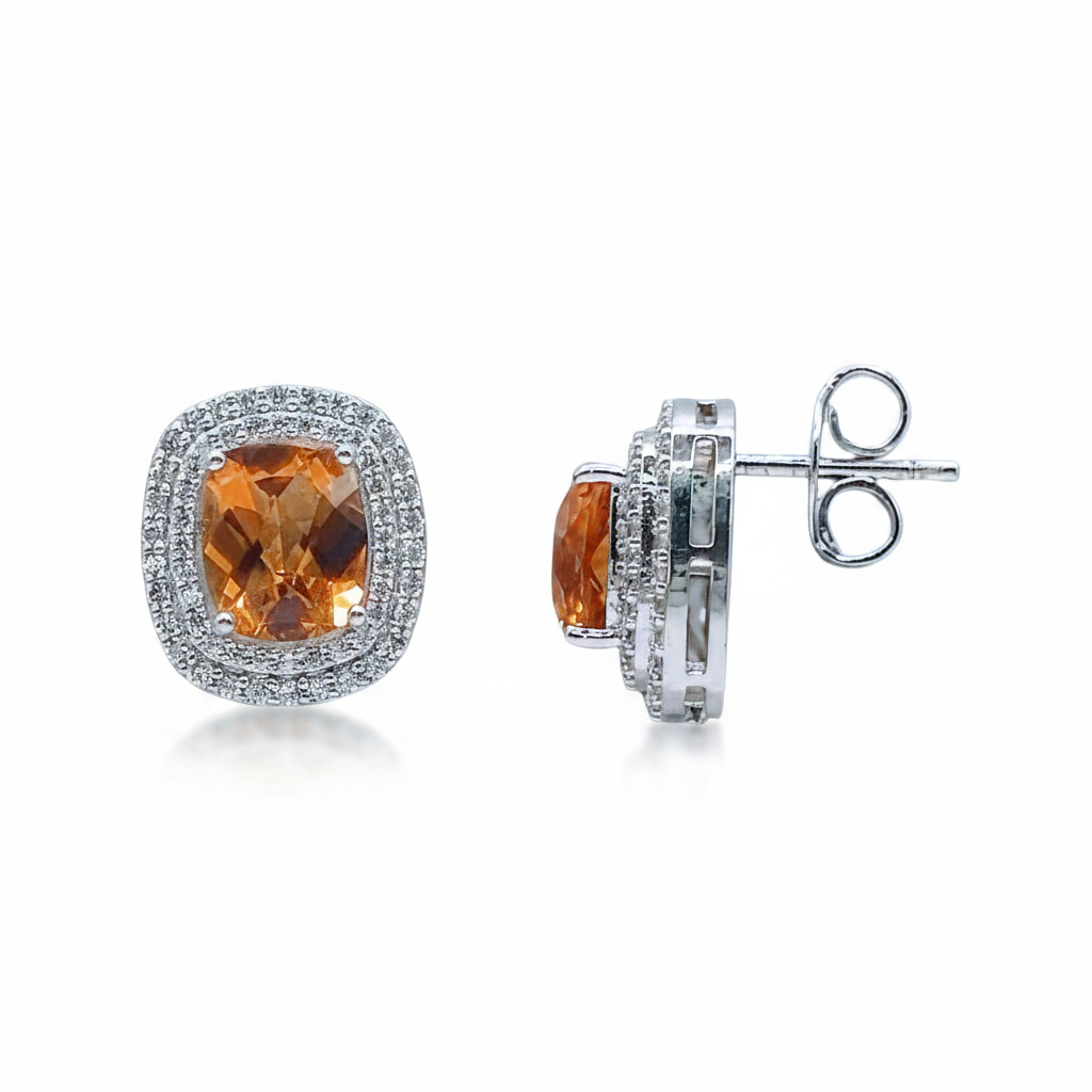 Natural Citrine gemstone in Cushion cut with Cubic Zirconia in 925 Silver, in an elegant design